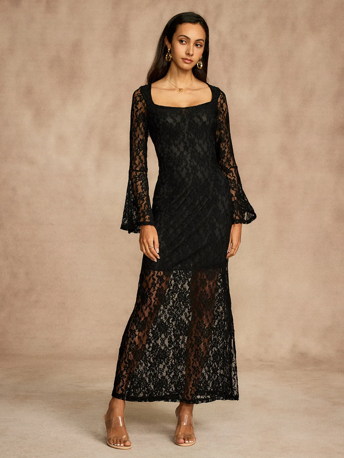 Semi-Sheer Lace Bell Sleeve Lined Dress sold by COMMENSE product image thumbnail 4