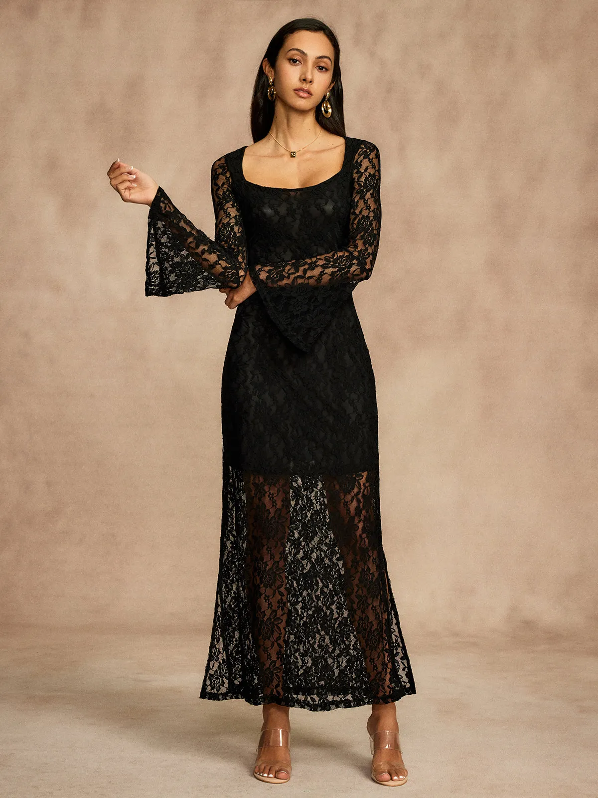 Semi-Sheer Lace Bell Sleeve Lined Dress sold by COMMENSE