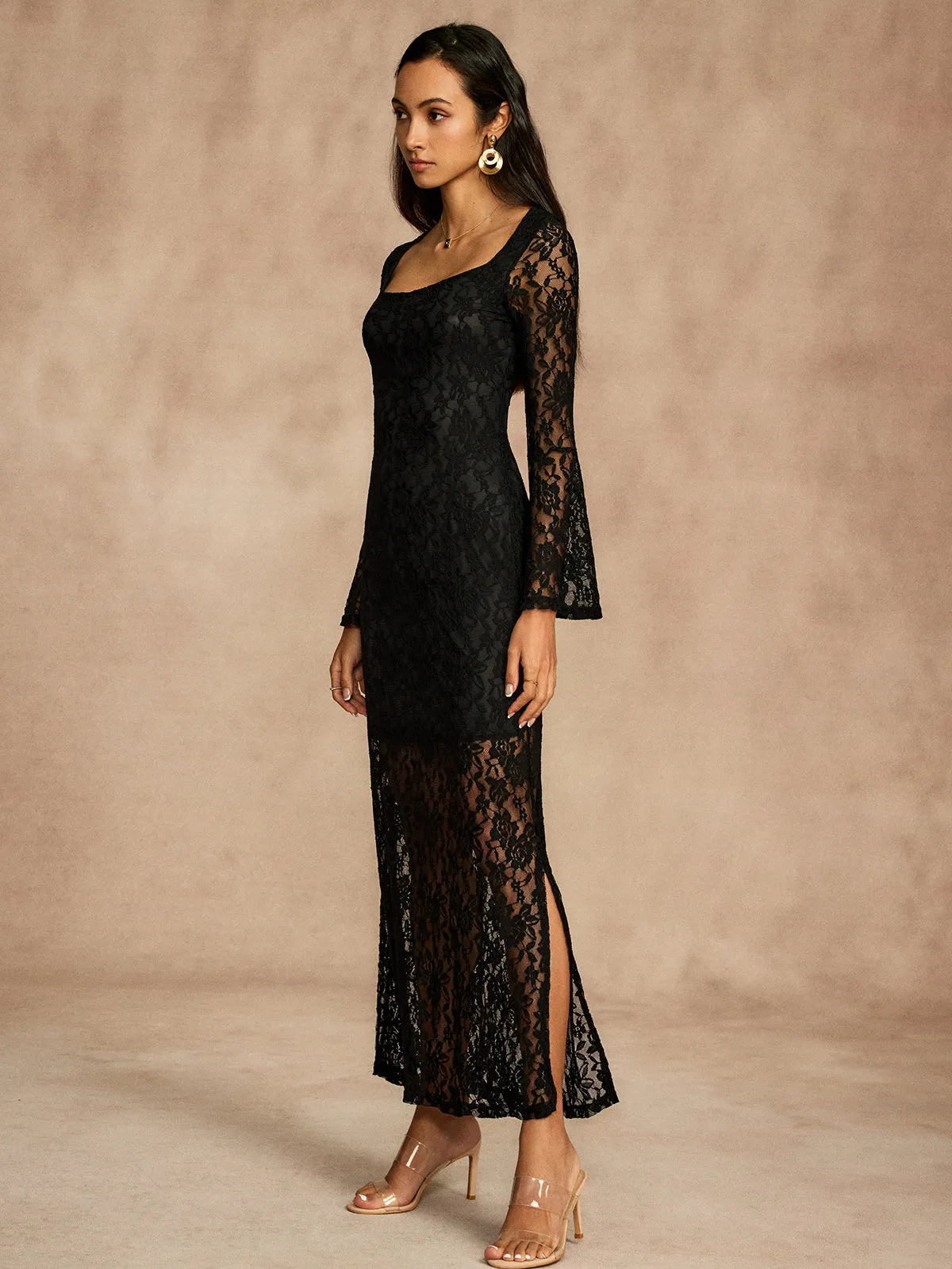 Semi-Sheer Lace Bell Sleeve Lined Dress sold by COMMENSE product image thumbnail 5