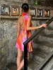 Semi-Sheer Halter Backless Tie Dye Short Dress sold by COMMENSE