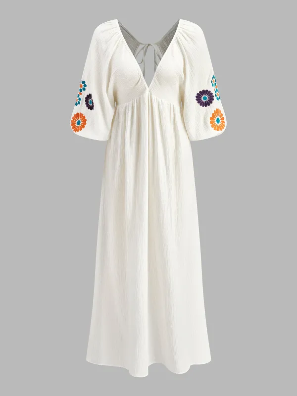 Semi-Sheer Embroidery V-Neck Floral Dress sold by COMMENSE