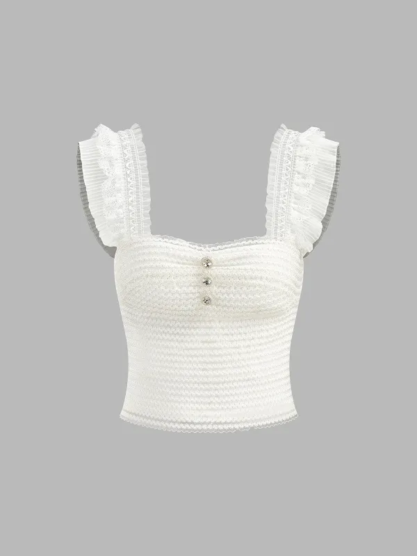 Ruffled Strap Buttoned Smocked Top sold by COMMENSE