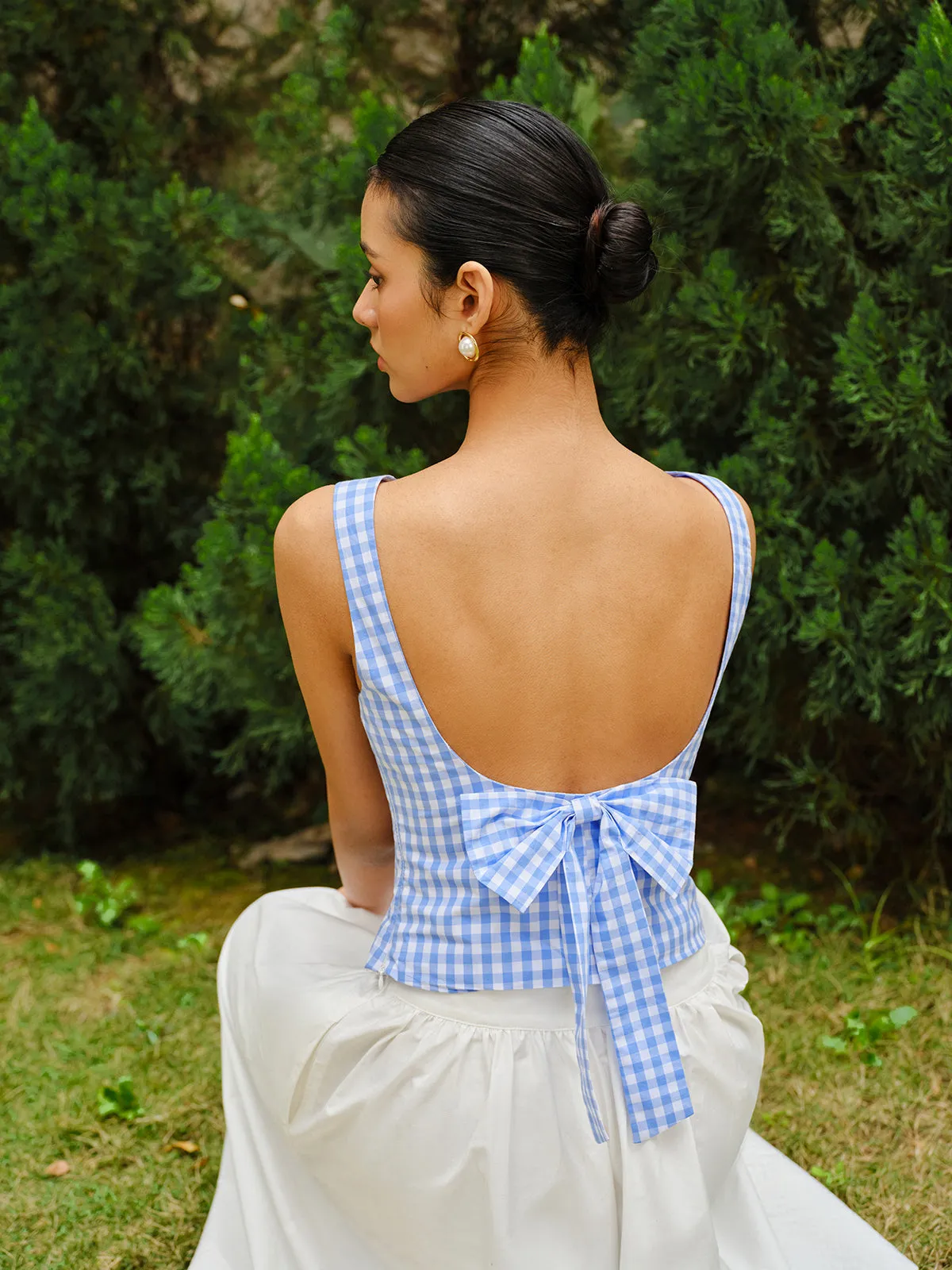 Checkerboard Bow Back Crop Top sold by COMMENSE