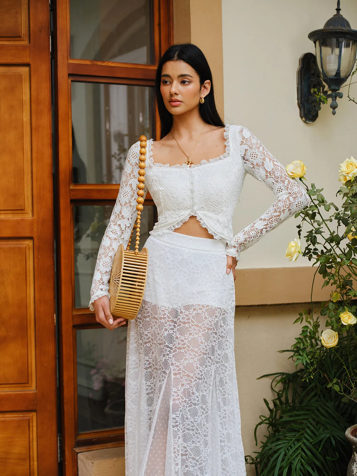 Semi-Sheer Lace Ruffled Trim Buttoned Crop Top sold by COMMENSE