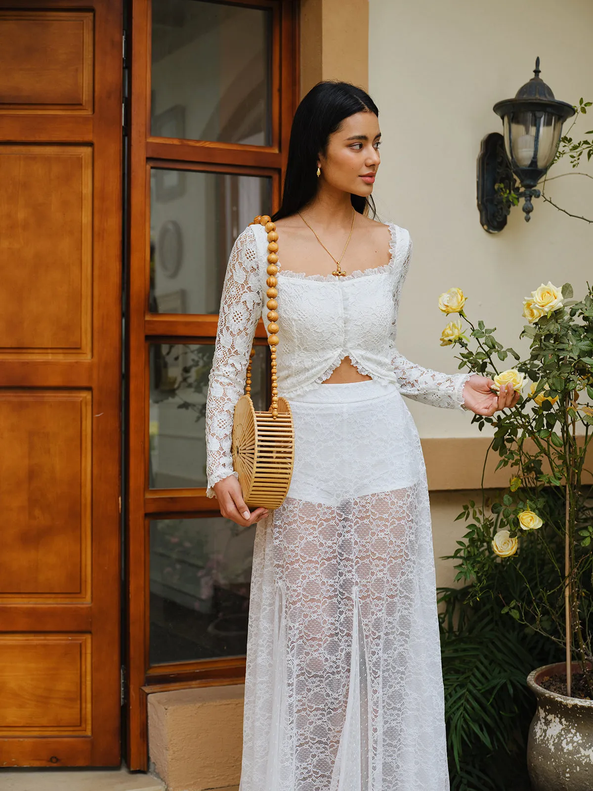 Semi-Sheer Lace Ruffled Trim Buttoned Crop Top sold by COMMENSE product image thumbnail 5