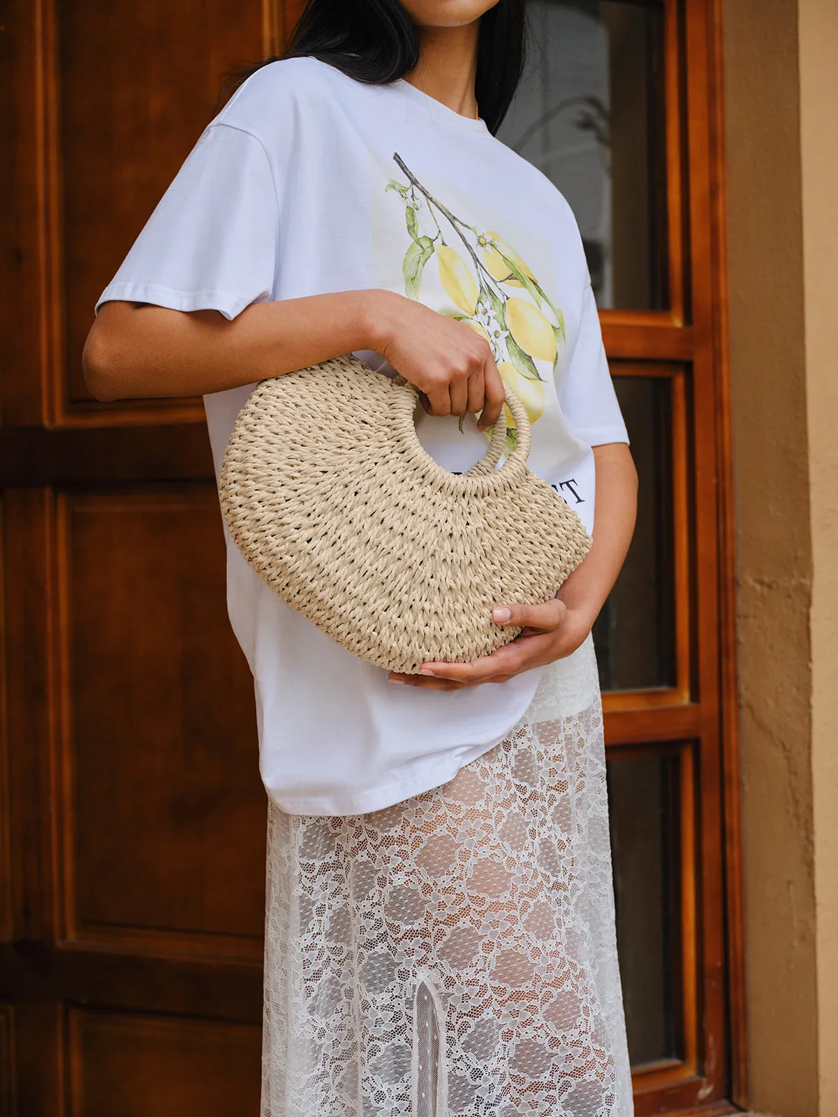 Woven Straw Half-Moon Tote Bag sold by COMMENSE product image thumbnail 3