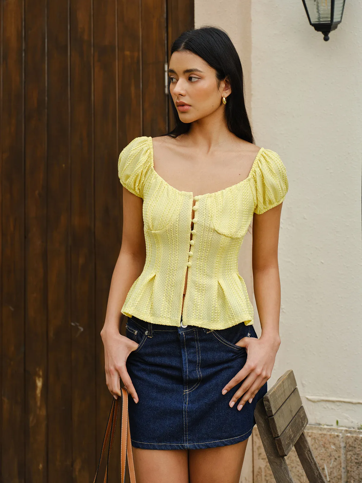 Puff Sleeve Button-Front Peplum Top sold by COMMENSE product image thumbnail 3