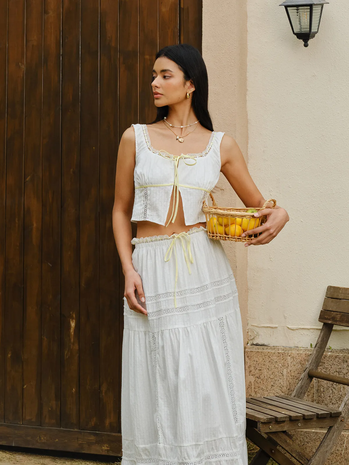 Lace Trim Tie-Front Crop Top With Skirt Set sold by COMMENSE product image thumbnail 3
