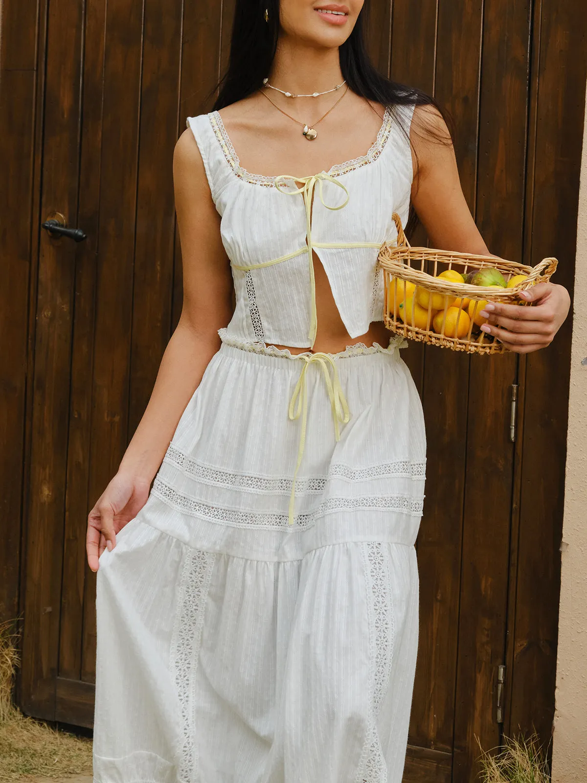 Lace Trim Tie-Front Crop Top With Skirt Set sold by COMMENSE product image thumbnail 5