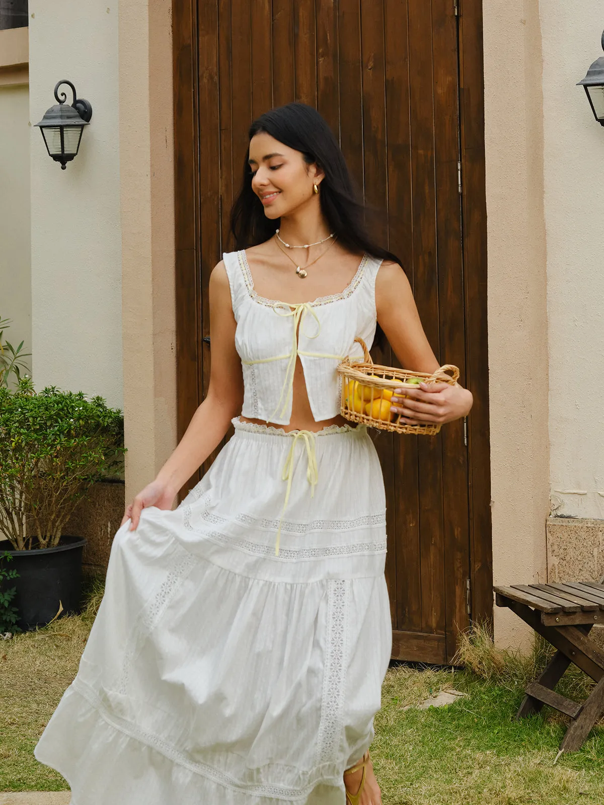 Lace Trim Tie-Front Crop Top With Skirt Set sold by COMMENSE product image thumbnail 2