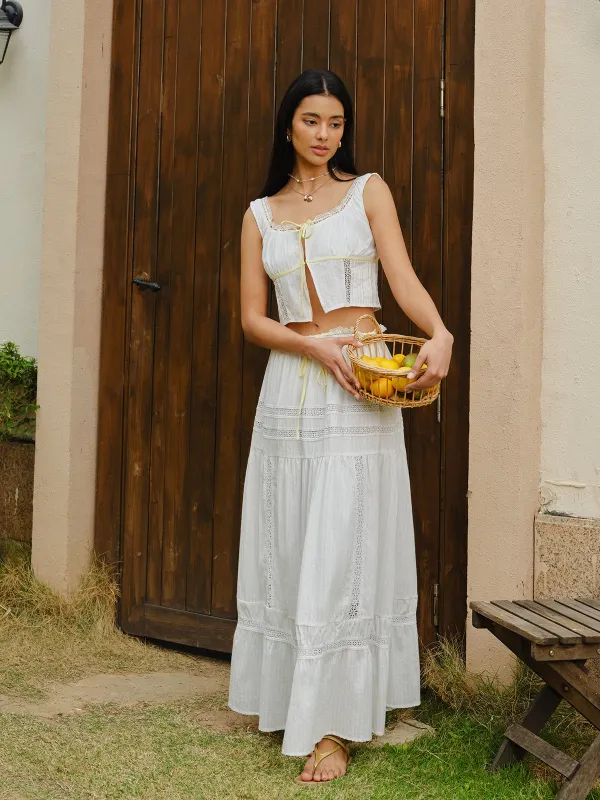 Lace Trim Tie-Front Crop Top With Skirt Set sold by COMMENSE