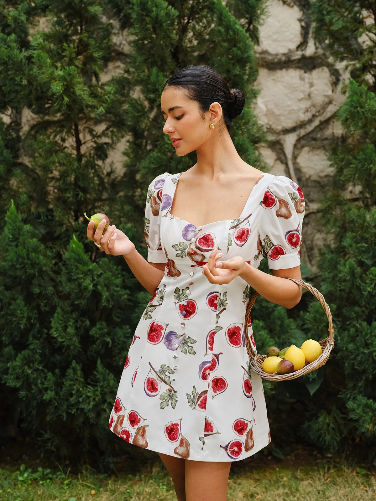 Fruit Print Button-Front Puff Sleeve Dress sold by COMMENSE
