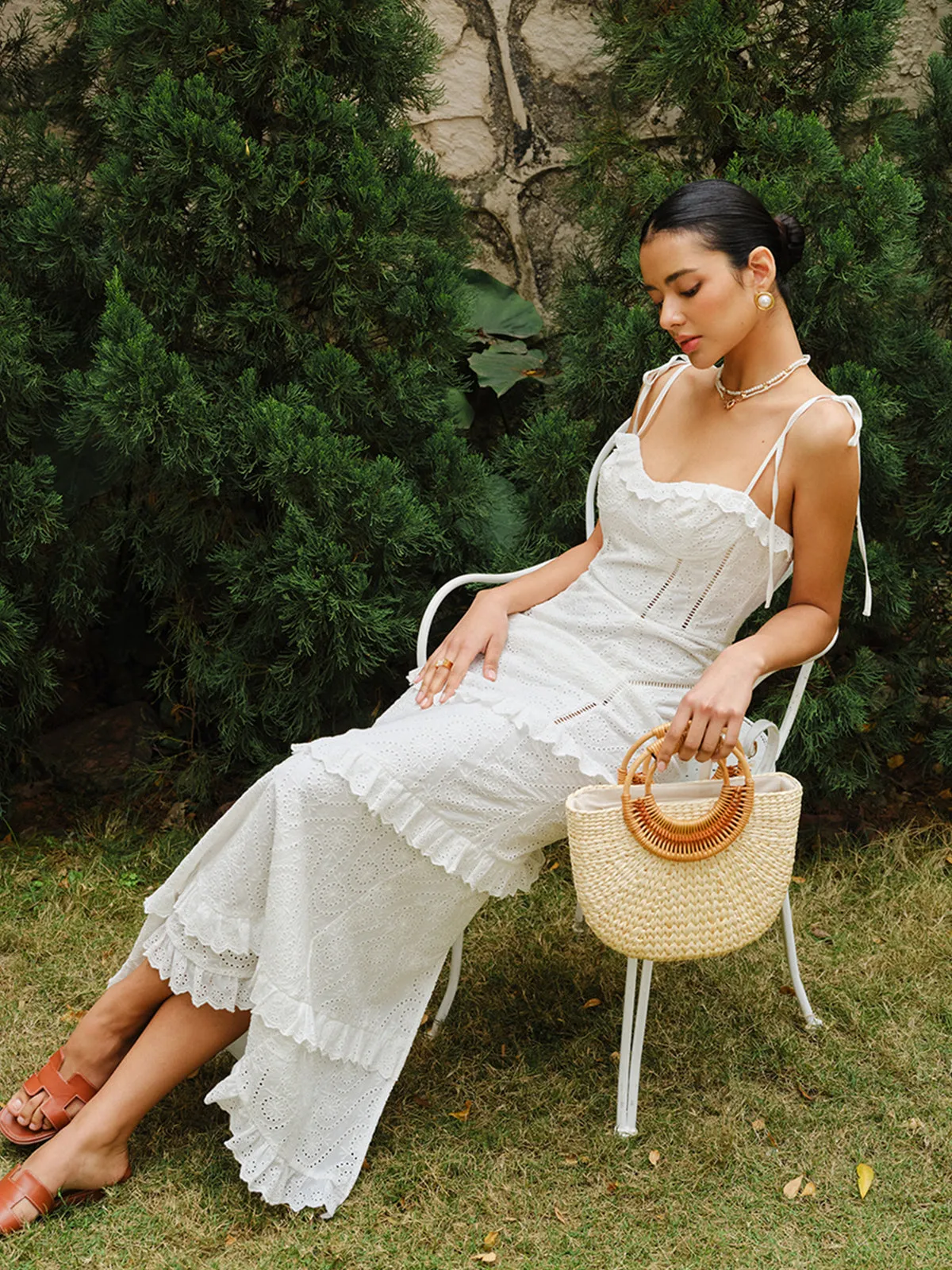 Lace-Up Tie Strap Ruffled Slit Dress sold by COMMENSE