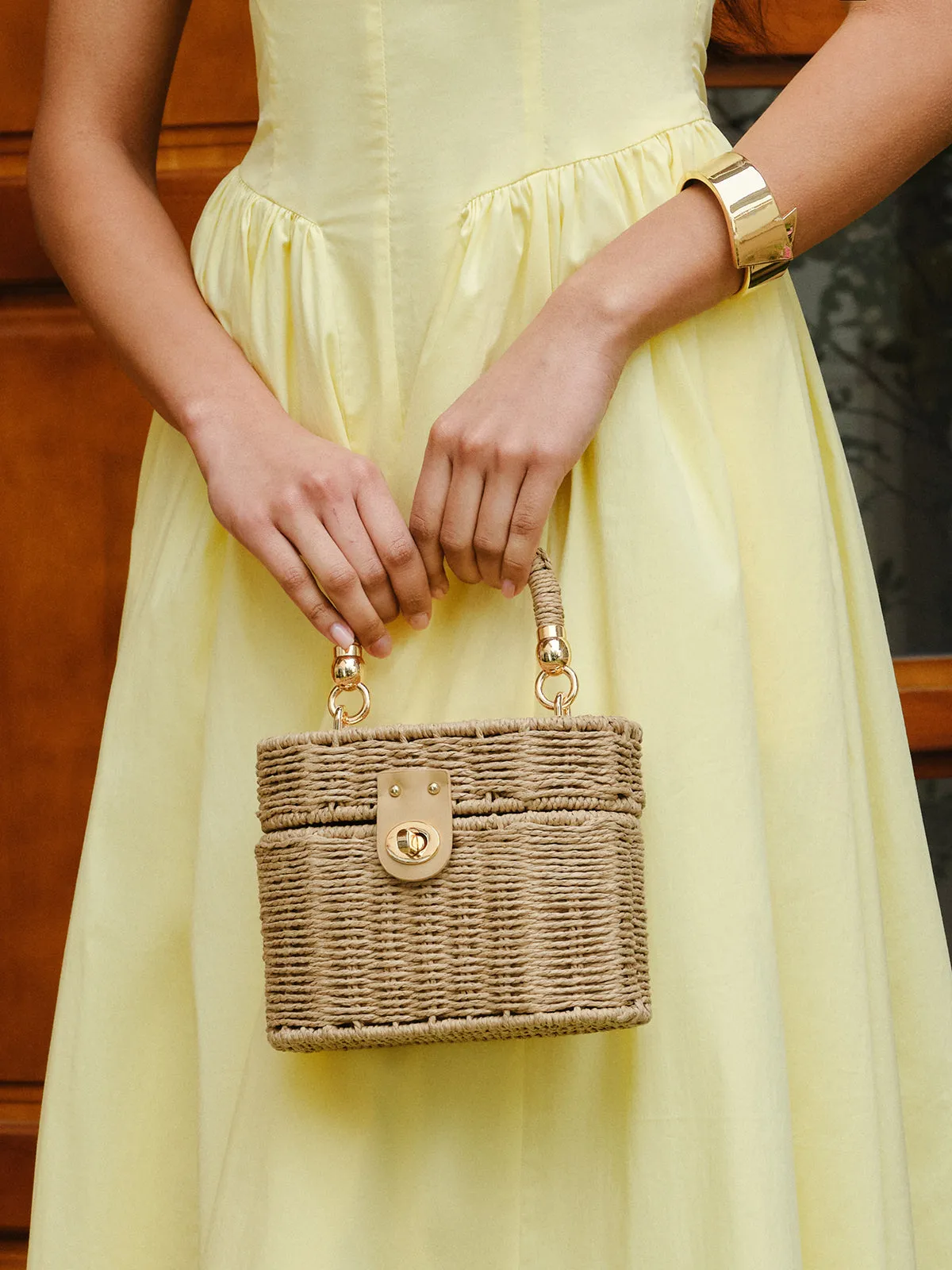Woven Rattan Box Bag With Turn-Lock Closure sold by COMMENSE product image thumbnail 3