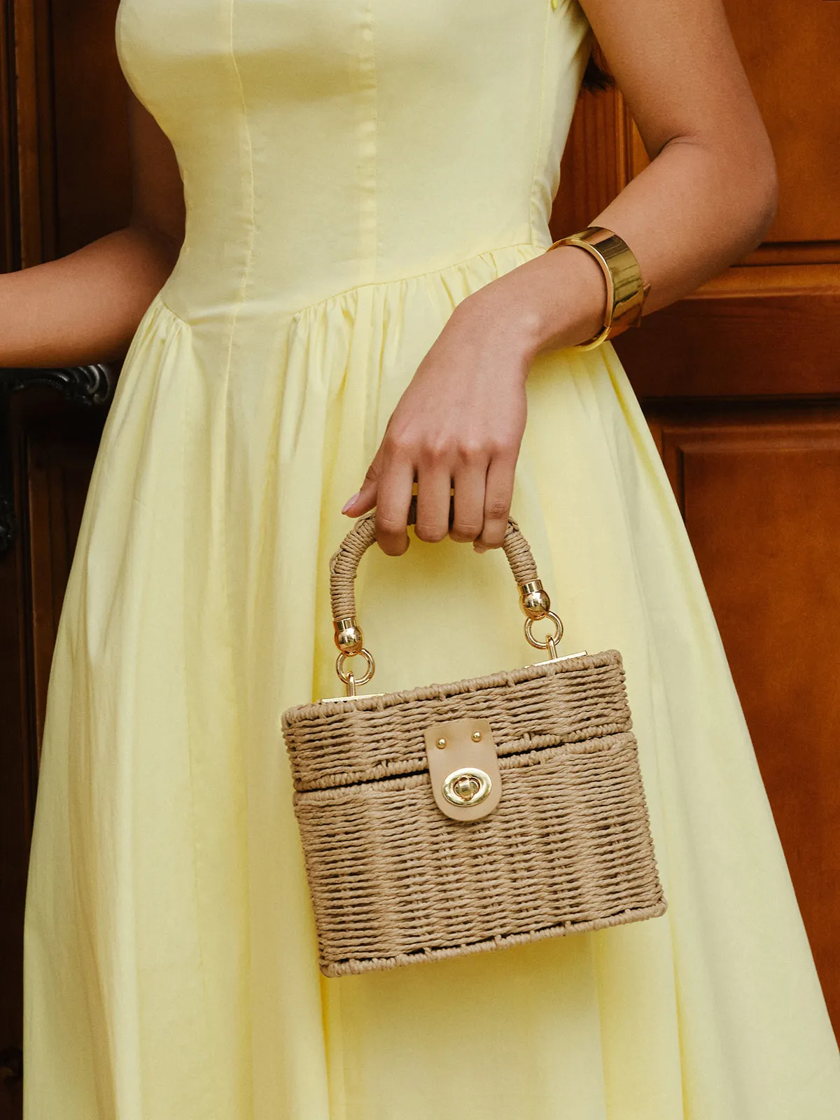 Woven Rattan Box Bag With Turn-Lock Closure sold by COMMENSE