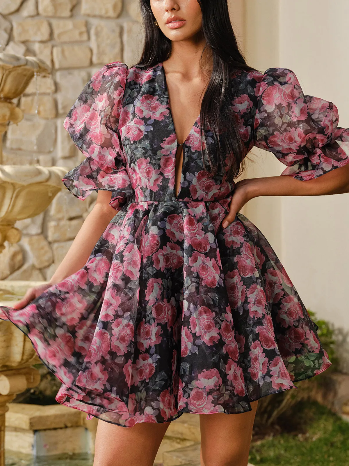 Semi-Sheer Puff Sleeve Floral Dress sold by COMMENSE