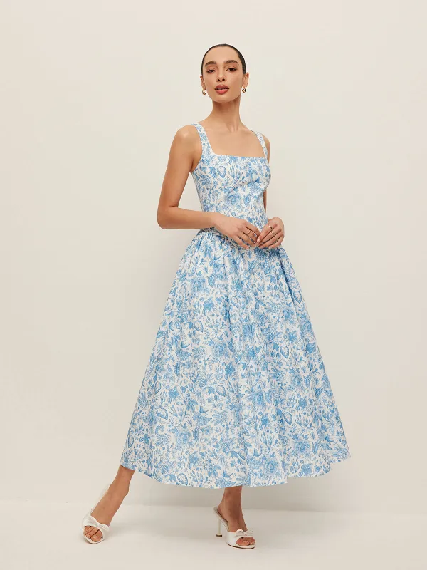 Square-Neck Printed Dress With Pockets sold by COMMENSE