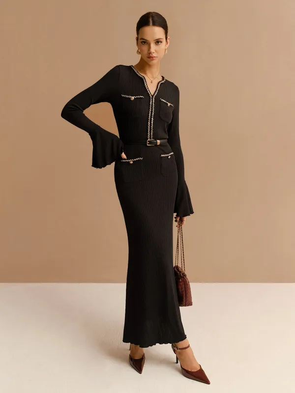 Elegant Contrast Binding Ruffle Slim Dress Without Belt sold by COMMENSE