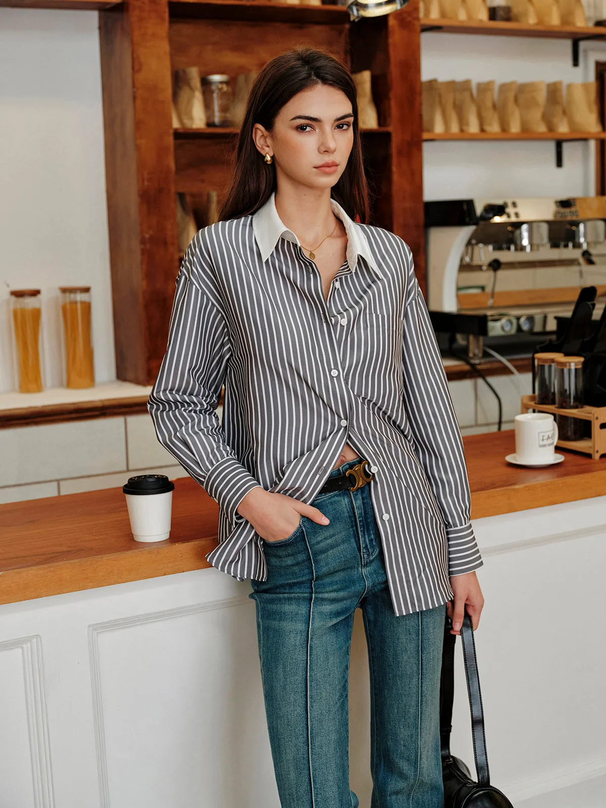 Striped Contrast Collar Button-Up Shirt sold by COMMENSE product image thumbnail 2