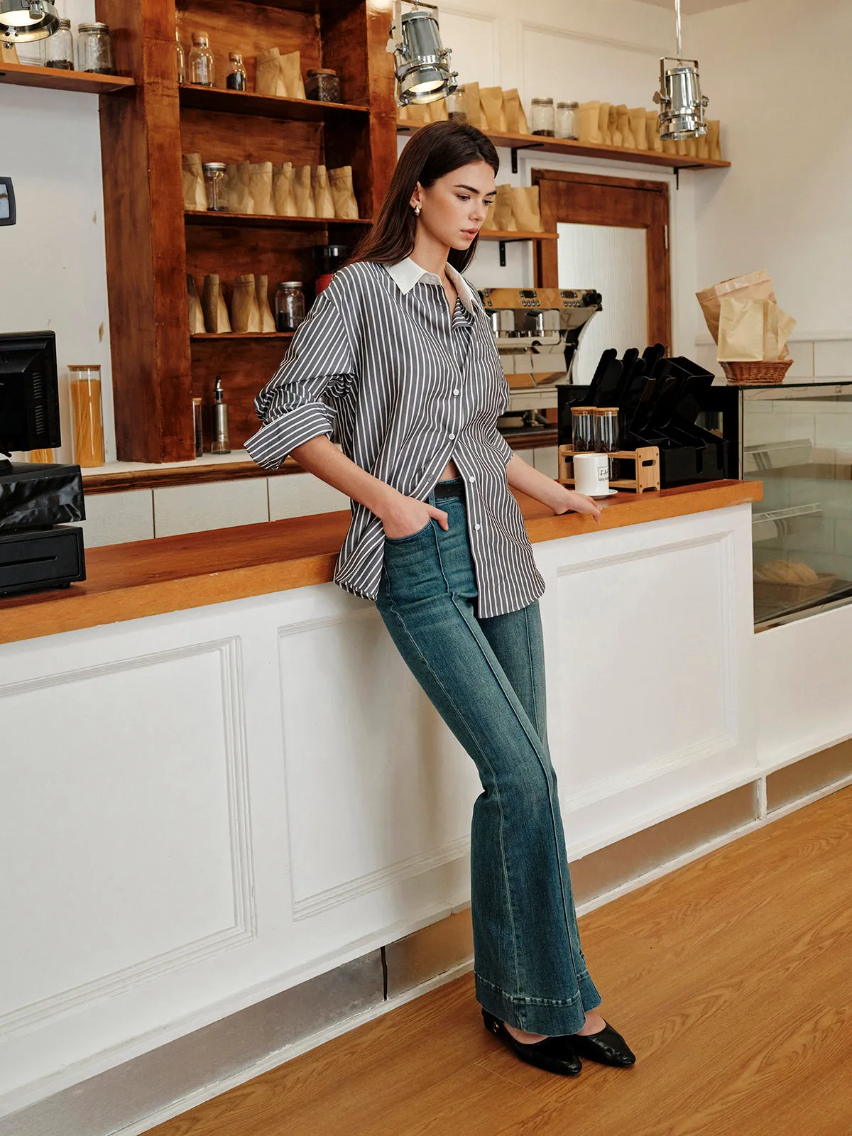 Striped Contrast Collar Button-Up Shirt sold by COMMENSE product image thumbnail 4