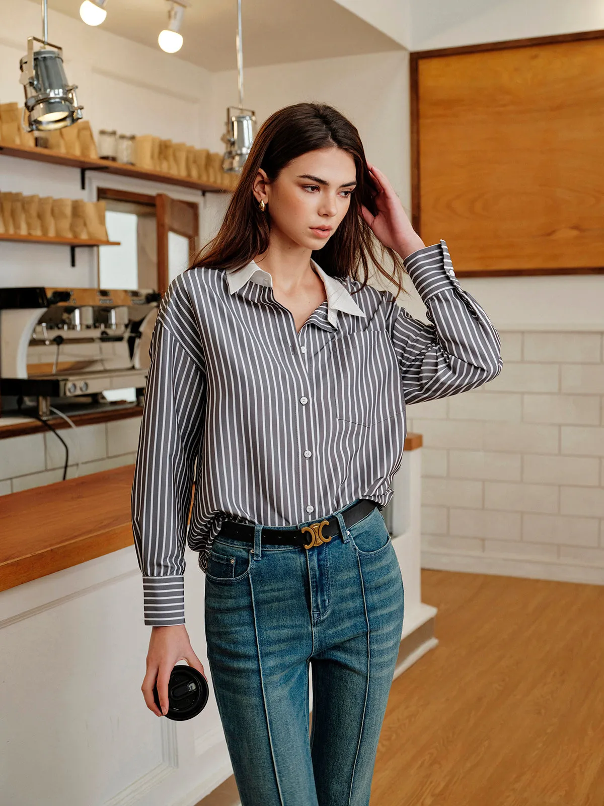 Striped Contrast Collar Button-Up Shirt sold by COMMENSE product image thumbnail 3