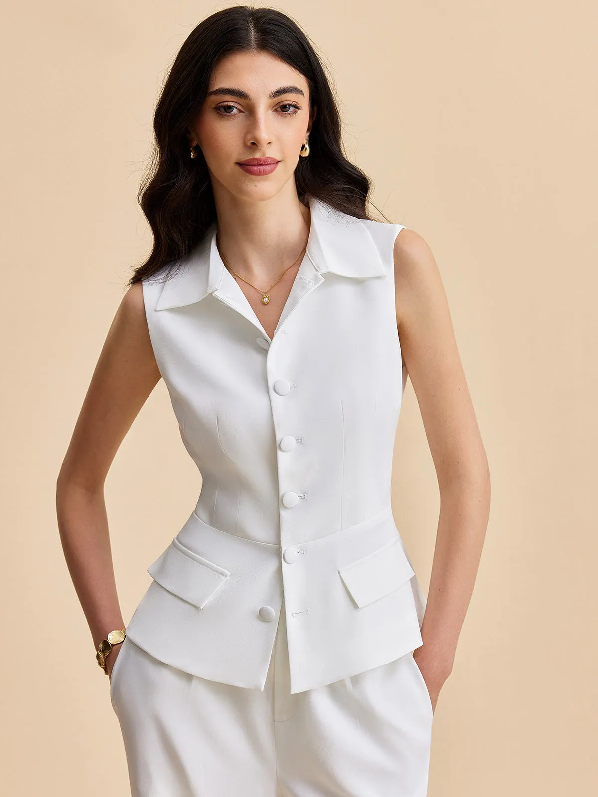 Pockets Buttoned Sleeveless Pants Set sold by COMMENSE product image thumbnail 2