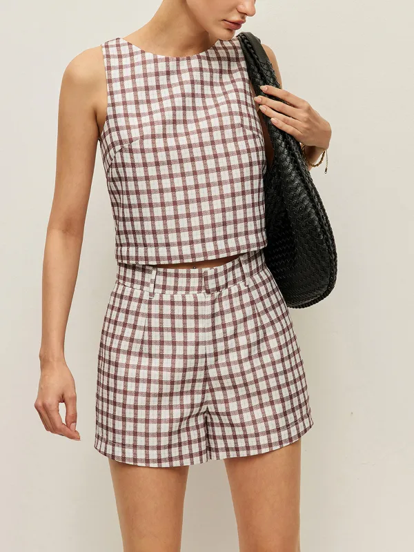 Checkerboard Sleeveless Crop Top With Shorts Set sold by COMMENSE