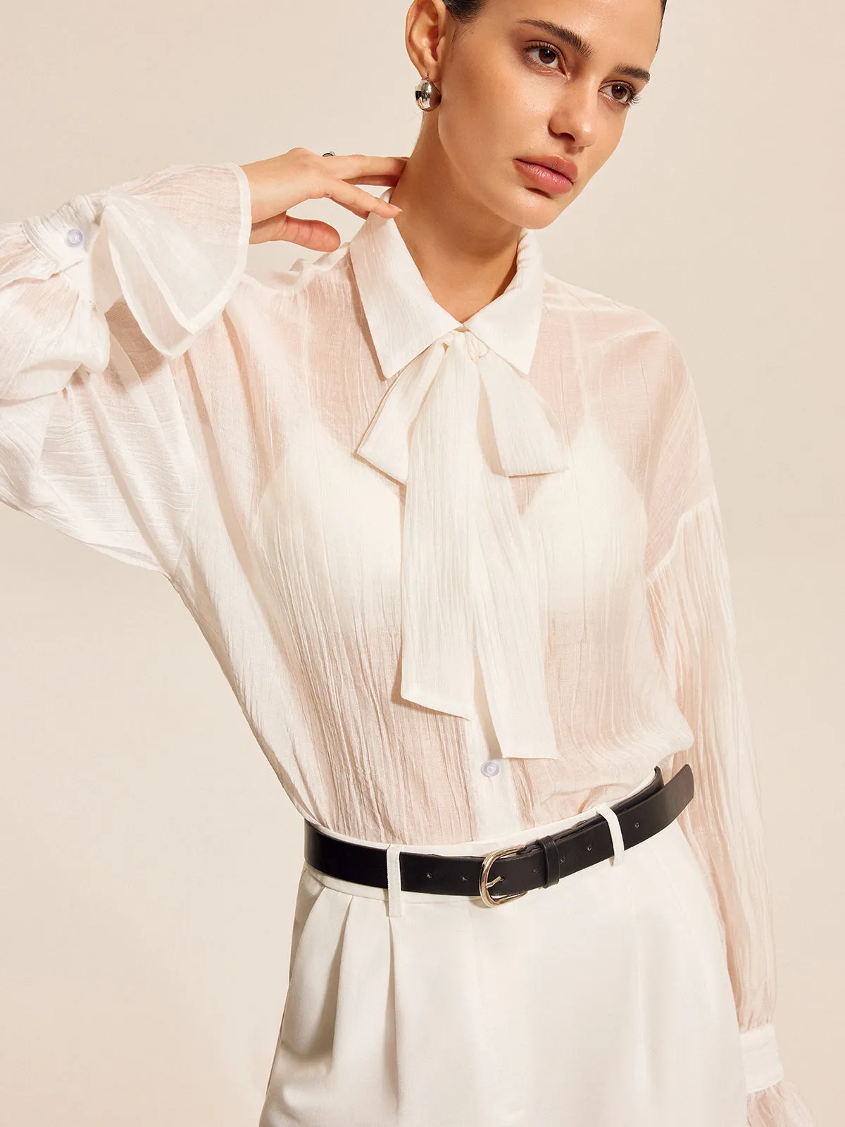 Sheer Bow Tie Blouse sold by COMMENSE product image thumbnail 2