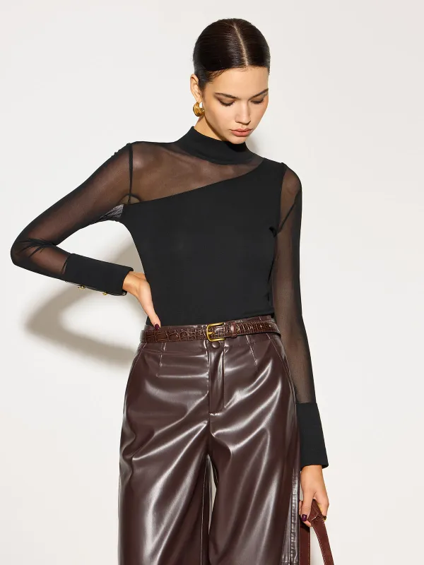 Mock Neck Sheer Mesh-Detail Long Sleeve T-Shirt sold by COMMENSE