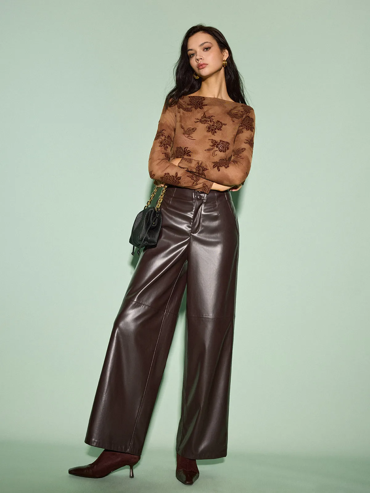 Semi-Sheer Straight Neck Velvet Floral T-Shirt sold by COMMENSE product image thumbnail 5