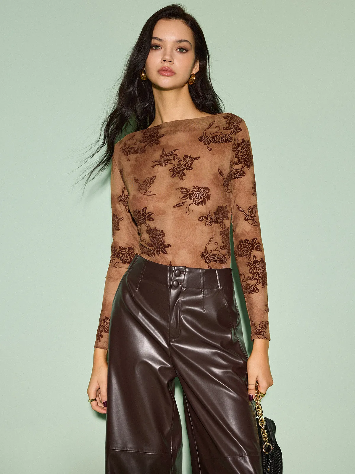 Semi-Sheer Straight Neck Velvet Floral T-Shirt sold by COMMENSE product image thumbnail 3