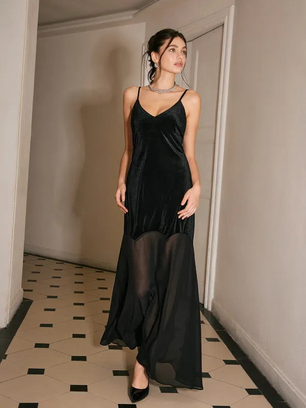 Semi-Sheer Chiffon-Hem Velvet Cami Dress sold by COMMENSE