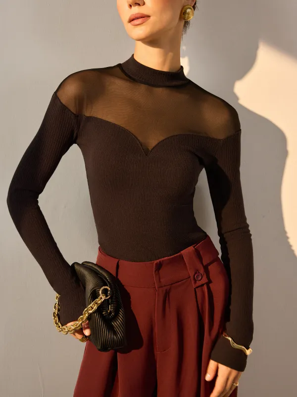 Sheer Mesh-Detail Sweetheart Slim Top sold by COMMENSE