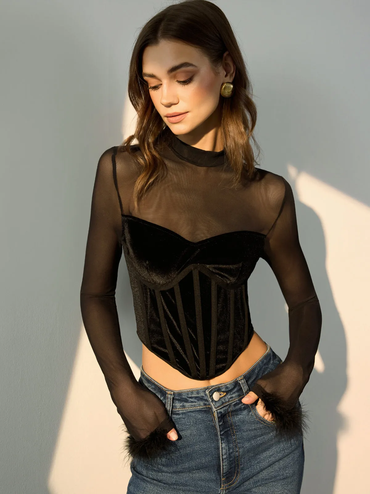 Sheer Mesh Panel Velvet Crop T-Shirt sold by COMMENSE product image thumbnail 3