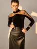 Sheer Lace Panel Velvet Slim Blouse sold by COMMENSE