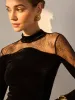 Sheer Lace Panel Velvet Slim Blouse sold by COMMENSE