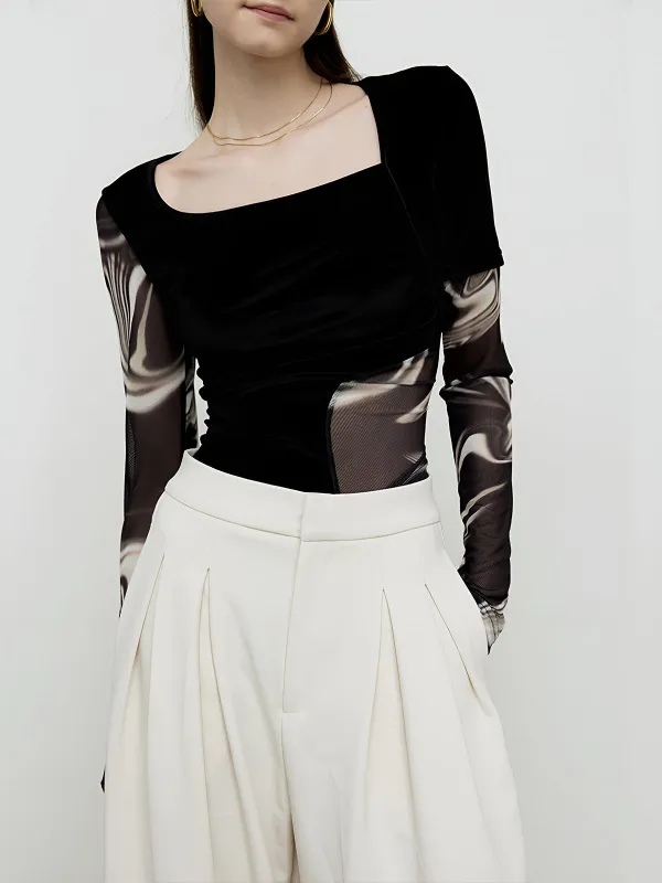 Semi-Sheer Geometric Printed Mesh Jersey Top sold by COMMENSE