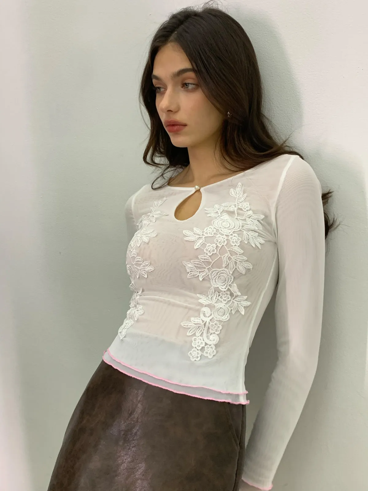 Semi-Sheer Keyhole Neckline Floral Mesh T-Shirt sold by COMMENSE
