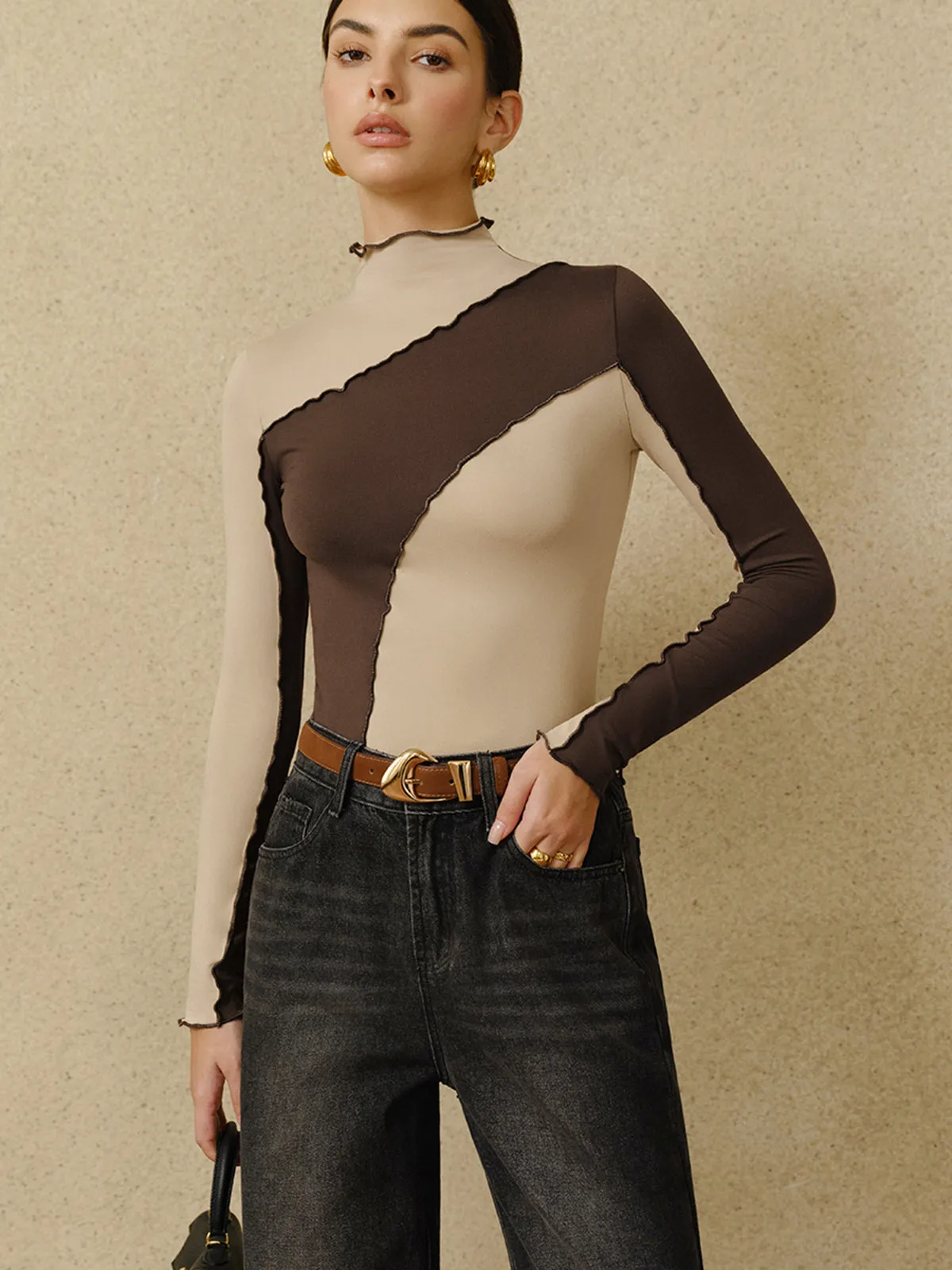 Semi-Sheer Color Block Lettuce Trim Jersey Top sold by COMMENSE