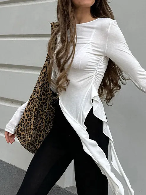 Semi-Sheer Pleated Ruffle Tassel Jersey Top sold by COMMENSE product image thumbnail 3