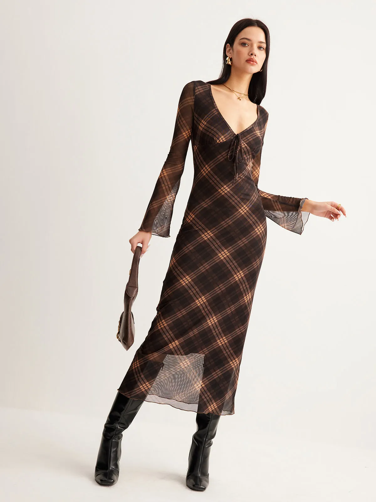Semi-Sheer Checked Bell-Sleeve Mesh Dress sold by COMMENSE product image thumbnail 5