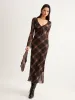 Semi-Sheer Checked Bell-Sleeve Mesh Dress sold by COMMENSE