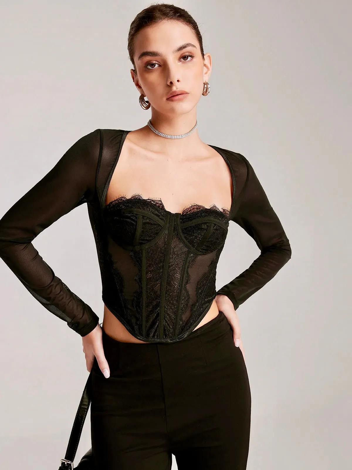 Sheer Long Sleeve Sweetheart Lace Skinny T-Shirt sold by COMMENSE