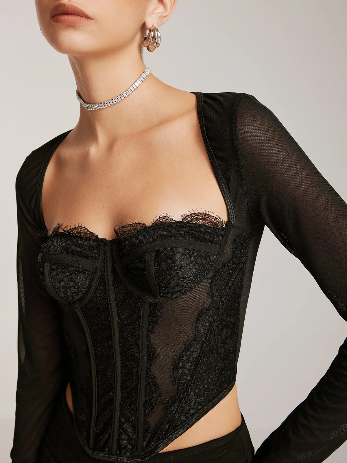 Sheer Long Sleeve Sweetheart Lace Skinny T-Shirt sold by COMMENSE product image thumbnail 5