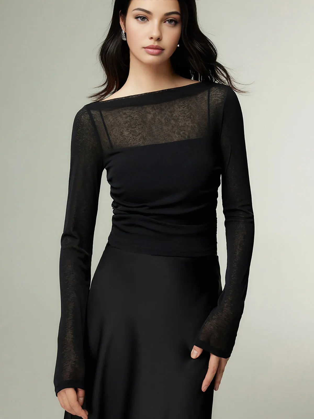 Straight Neck Sheer Panel Jersey Top sold by COMMENSE product image thumbnail 3