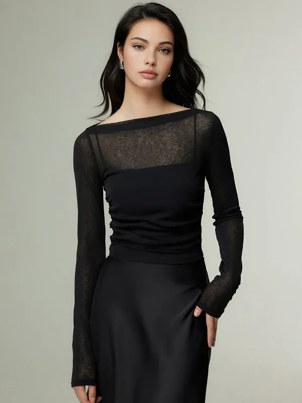Straight Neck Sheer Panel Jersey Top sold by COMMENSE