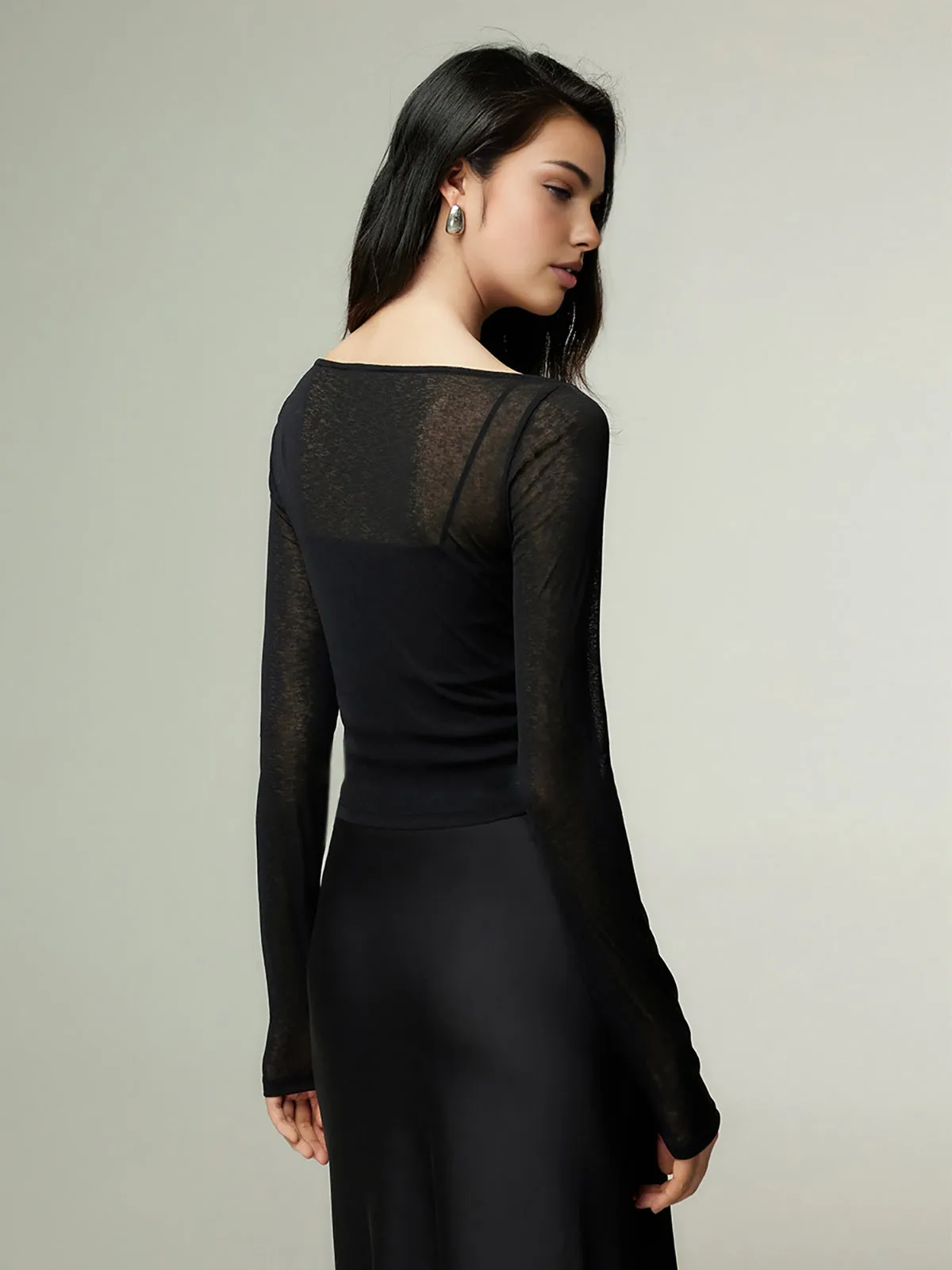 Straight Neck Sheer Panel Jersey Top sold by COMMENSE product image thumbnail 4