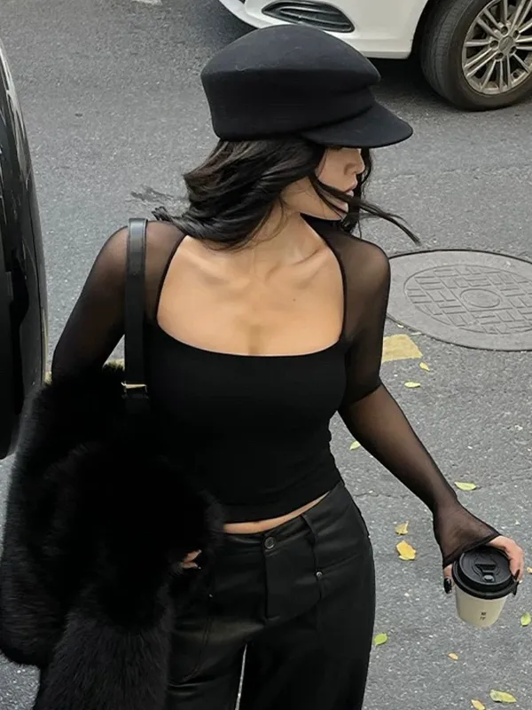 Square Neck Sheer Panel Crop T-Shirt sold by COMMENSE