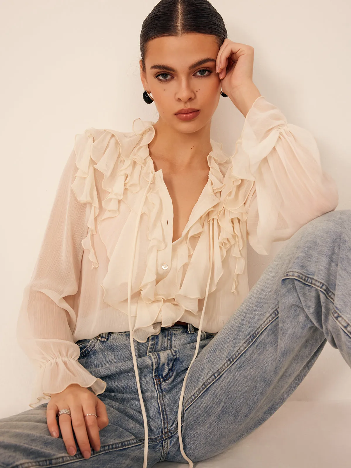 Semi-Sheer Ruffle Chiffon Breasted Blouse sold by COMMENSE product image thumbnail 2