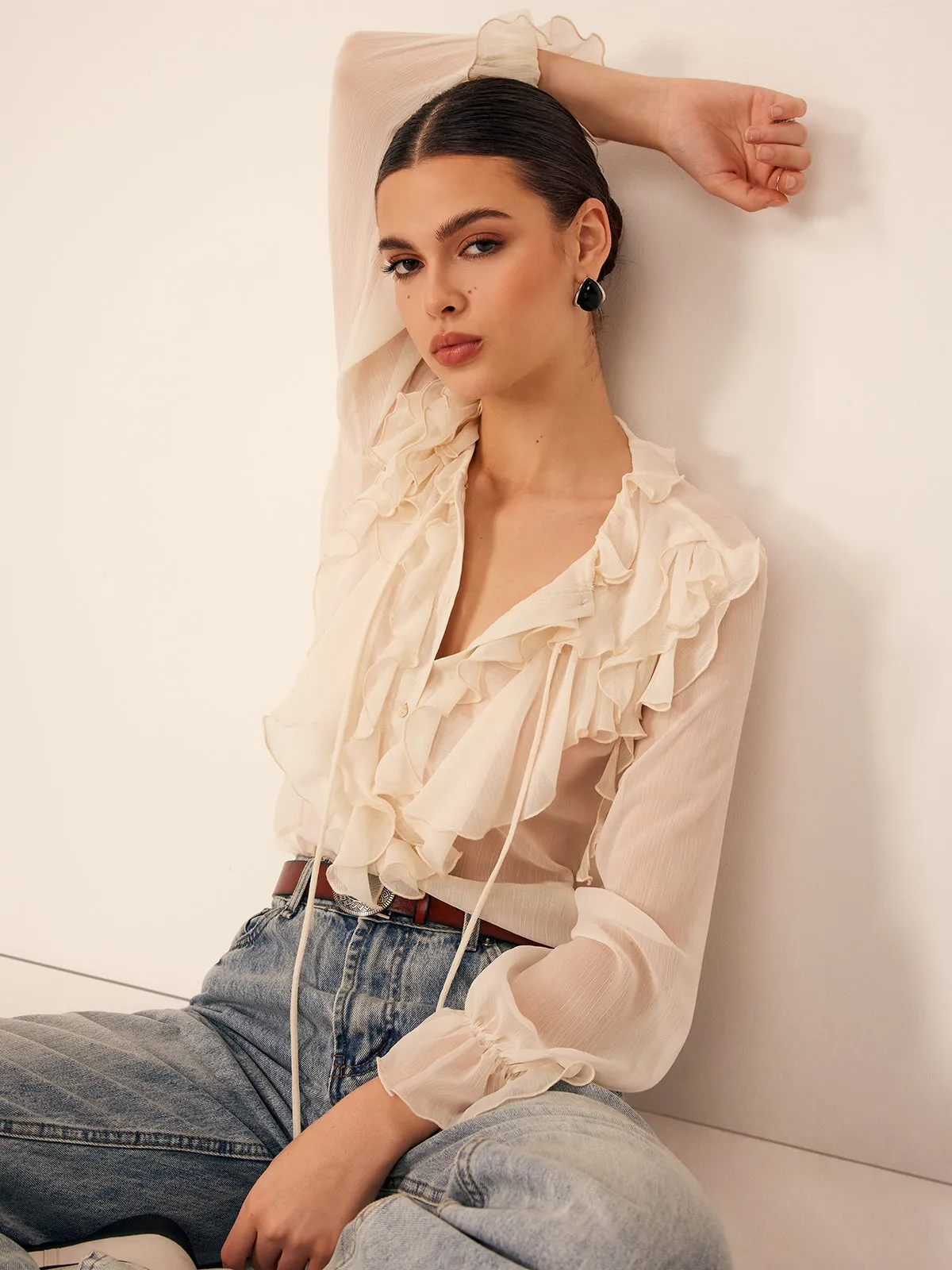 Semi-Sheer Ruffle Chiffon Breasted Blouse sold by COMMENSE product image thumbnail 5